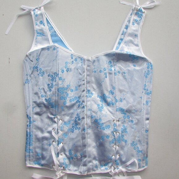 Blue White Asian Satin Jacquard Corset Bustier Set - NEW - Picture 1 of 9